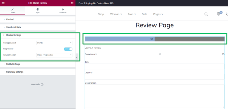 header settings of static review widgets