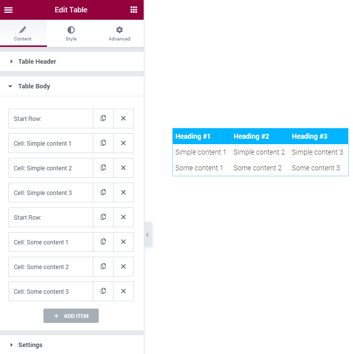 Table Body settings