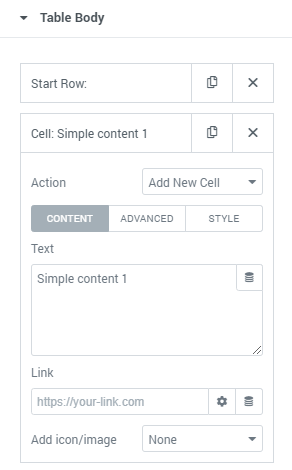 table body cell content settings