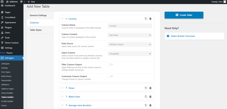 tables builder columns