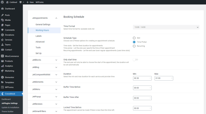 jetappointment working hours settings