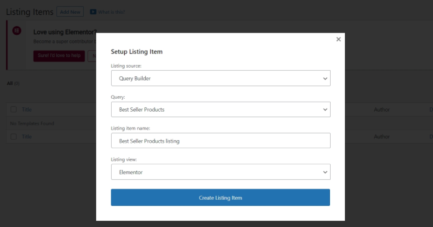 creating listing item template for wc query