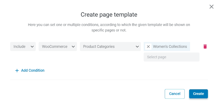 WooCommerce product categories condition for the page template