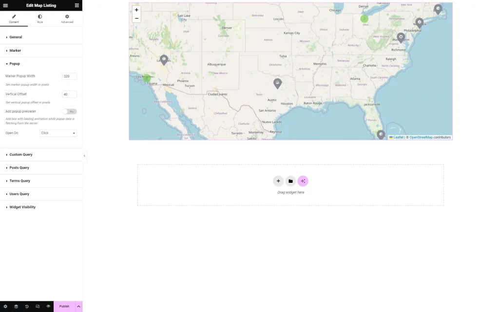 popup map listing settings in elementor
