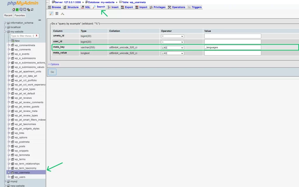 phpmyadmin search by meta key