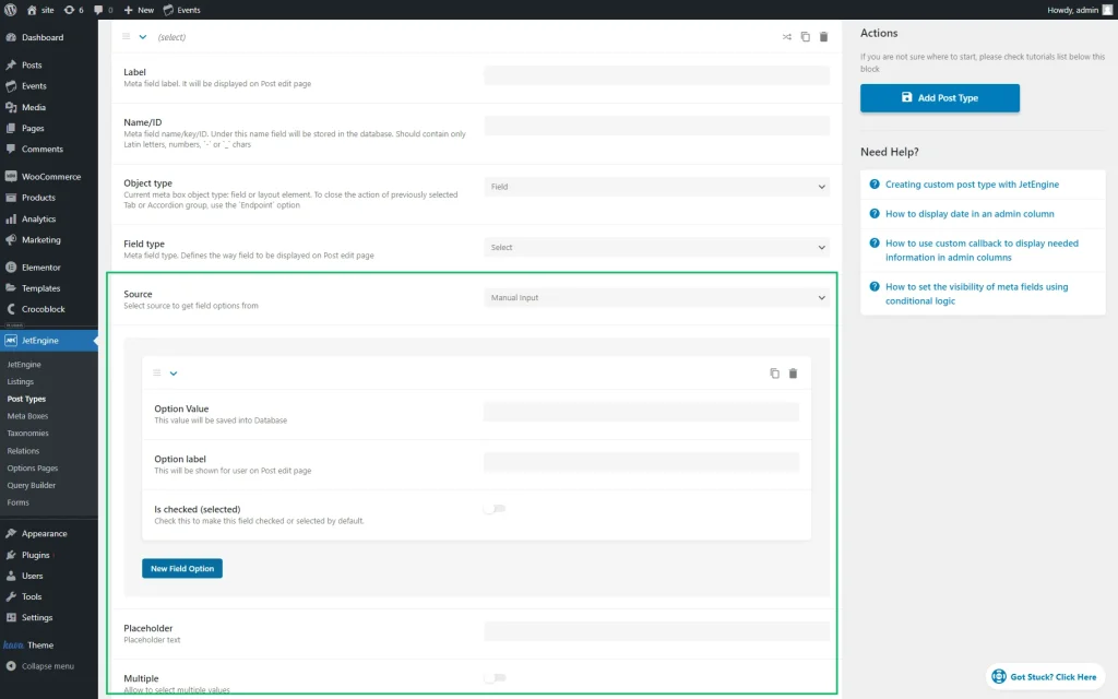 select meta field settings