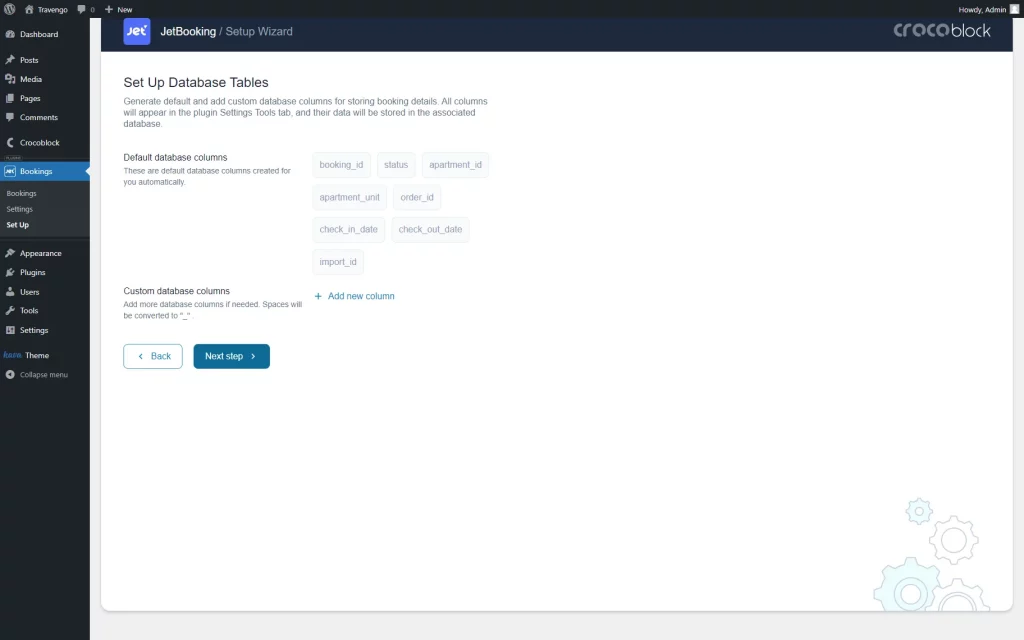 set up data base tables window