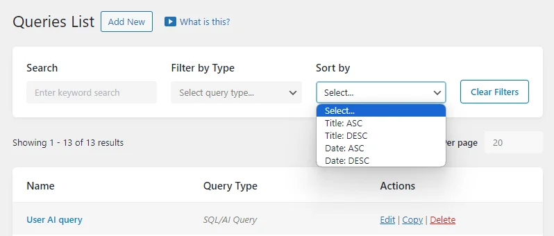 sort queries by title or date