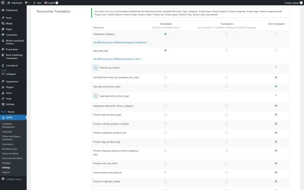 taxonomies translation section