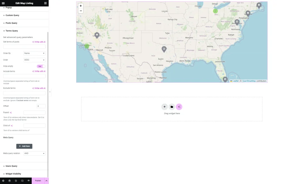 terms query map listing settings in elementor