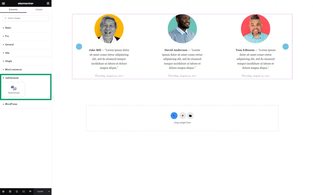 testimonials widget in the jetelements section in elementor