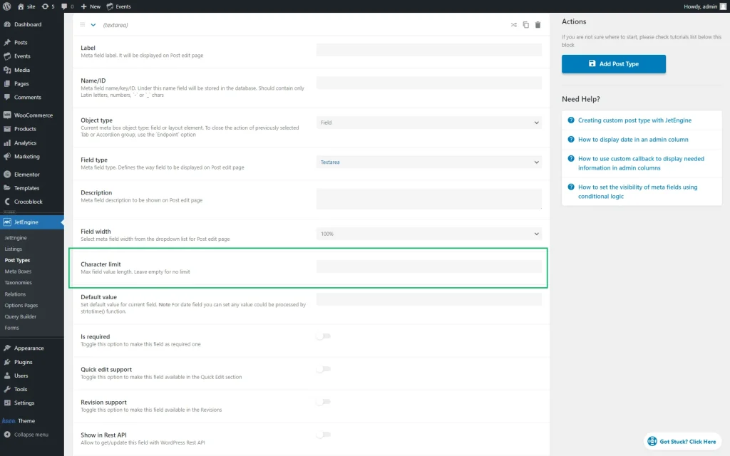 textarea meta field settings