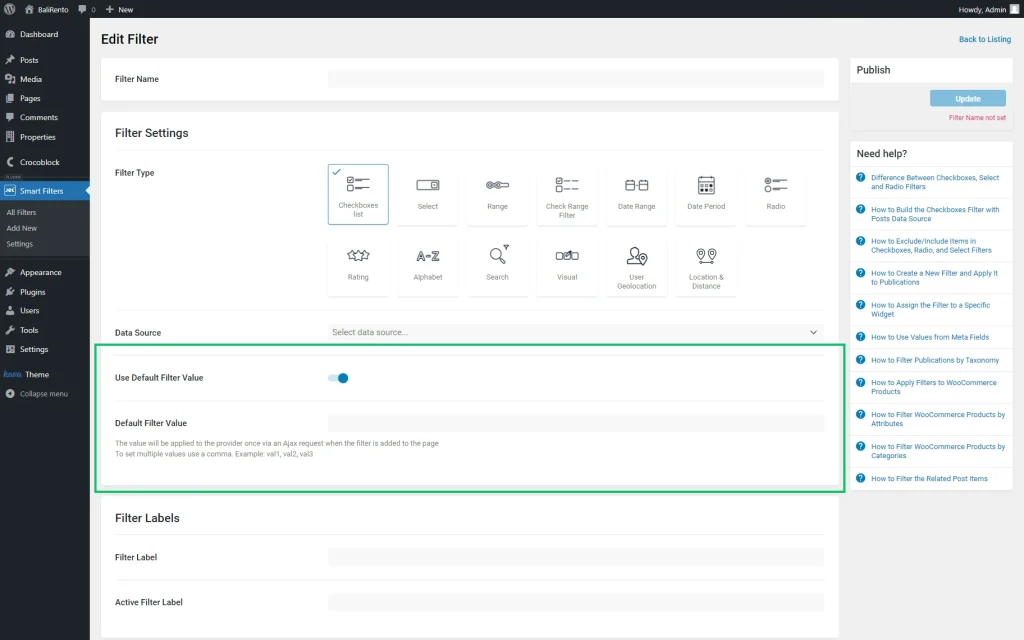 use default filter value toggle