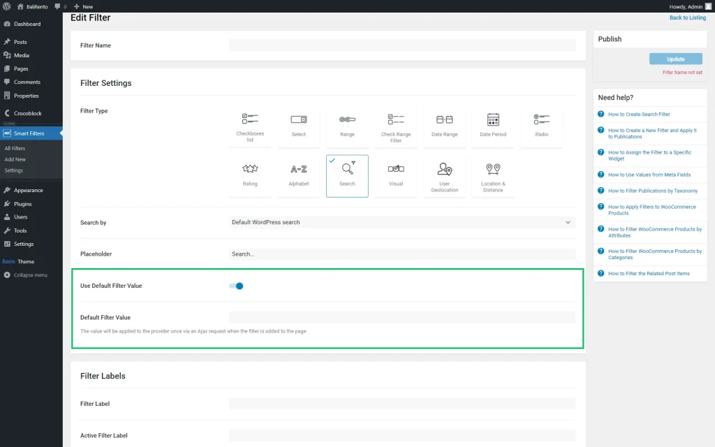 use default filter value toggle