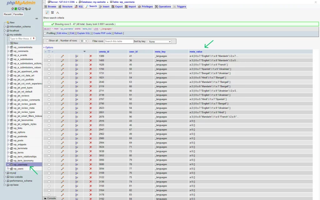 phpmyadmin usermeta table search