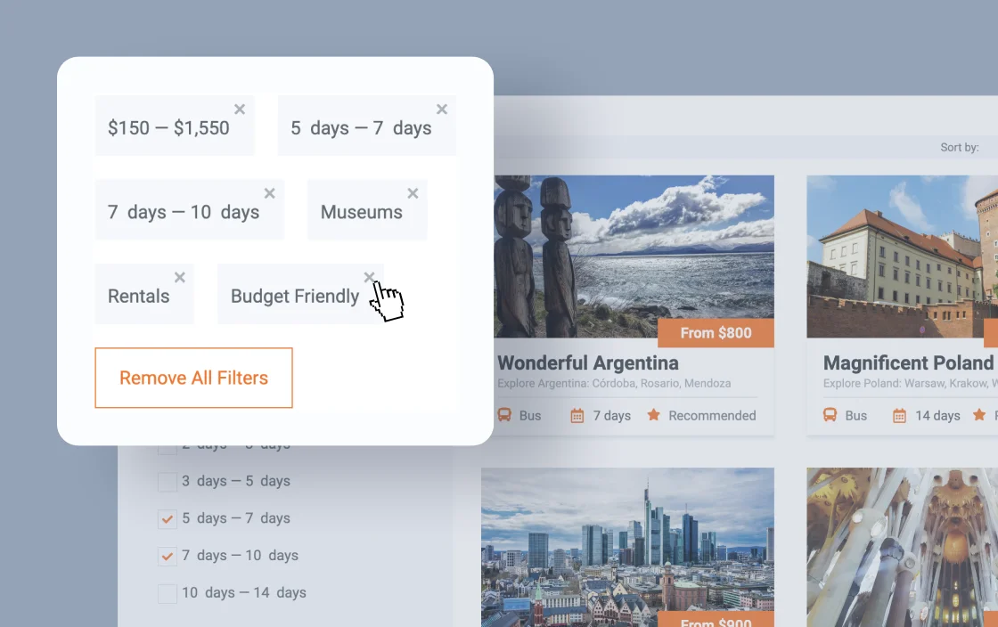 JetSmartFilters active filters widget for travel agency template demo for Elementor