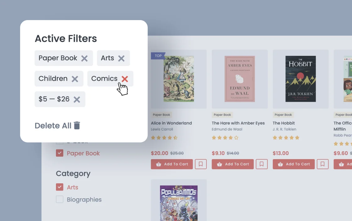 JetSmartFilters active filters widget for bookstore template demo for Elementor
