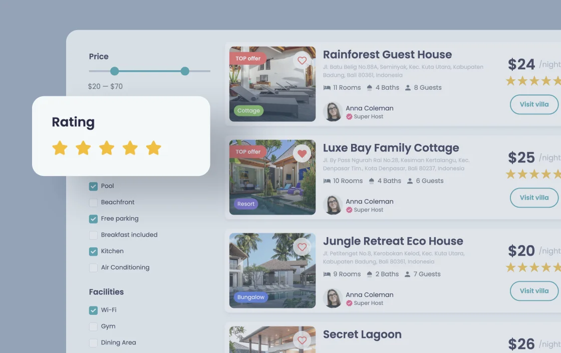 JetSmartFilters rating filter widget for vacation rental template demo for Elementor