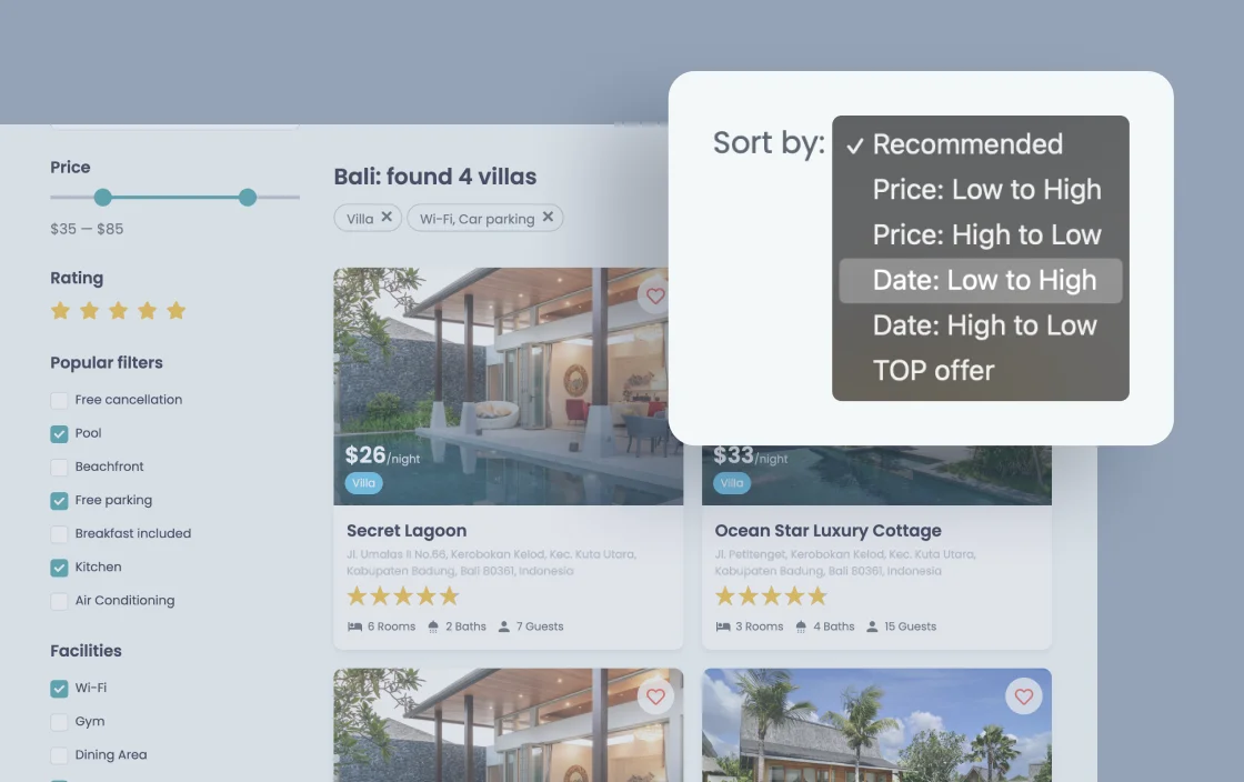 JetSmartFilters sorting filter widget for vacation rental template demo for Elementor